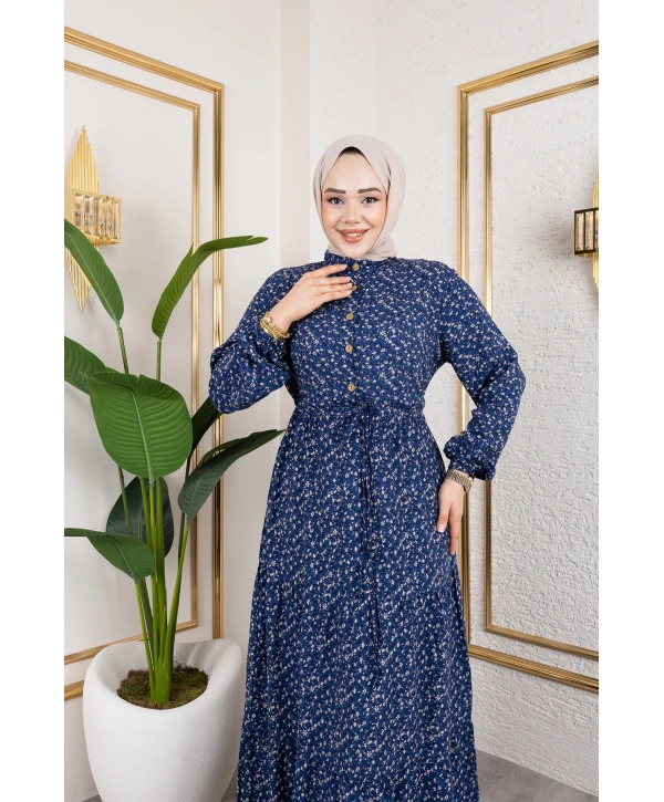 Çıtır Desen Viskon Elbise - Lacivert / E0127