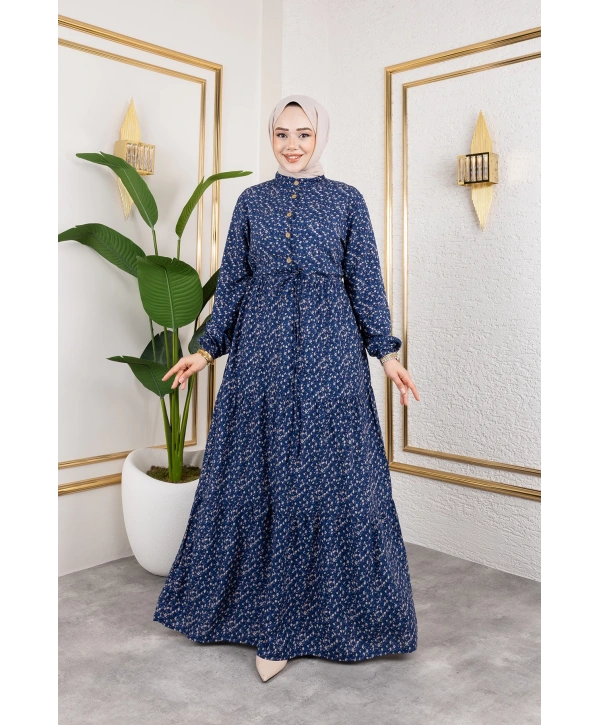 Çıtır Desen Viskon Elbise - Lacivert / E0127