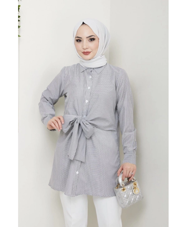 Çizgili Poplin Bağlamalı Gömlek - Gri / Ü103