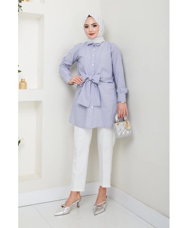 Çizgili Poplin Bağlamalı Gömlek - Lacivert / Ü103