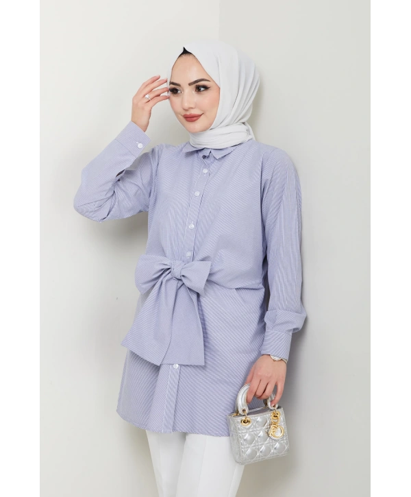 Çizgili Poplin Bağlamalı Gömlek - Lacivert / Ü103