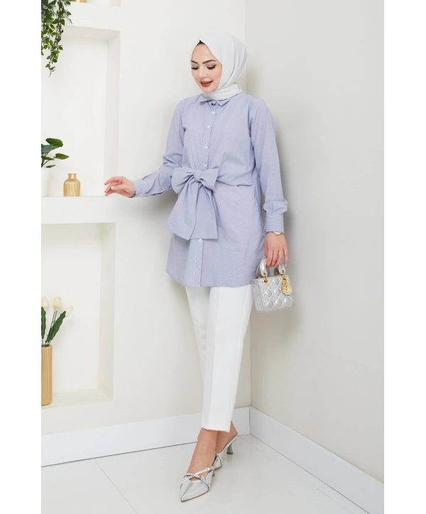 Çizgili Poplin Bağlamalı Gömlek - Lacivert / Ü103