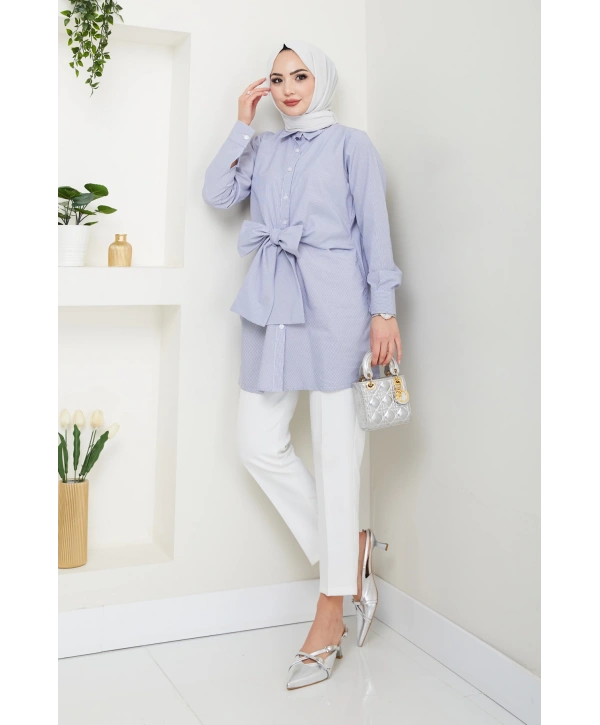 Çizgili Poplin Bağlamalı Gömlek - Lacivert / Ü103