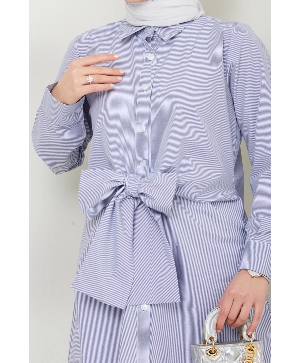 Çizgili Poplin Bağlamalı Gömlek - Lacivert / Ü103