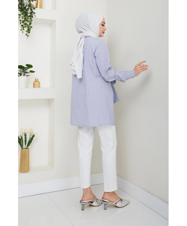 Çizgili Poplin Bağlamalı Gömlek - Lacivert / Ü103