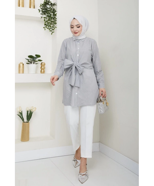 Çizgili Poplin Bağlamalı Gömlek - Gri / Ü103