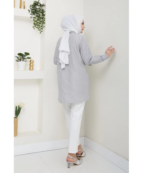 Çizgili Poplin Bağlamalı Gömlek - Gri / Ü103