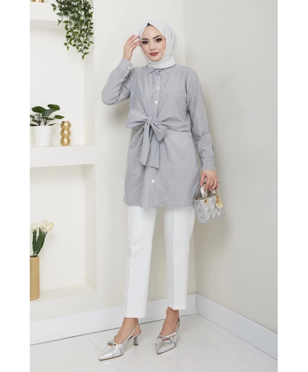 Çizgili Poplin Bağlamalı Gömlek - Gri / Ü103