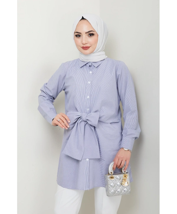 Çizgili Poplin Bağlamalı Gömlek - Lacivert / Ü103