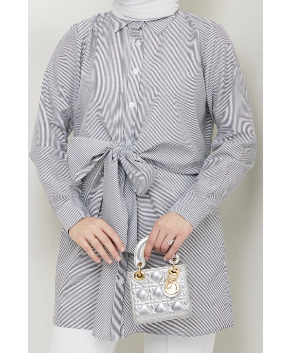 Çizgili Poplin Bağlamalı Gömlek - Gri / Ü103