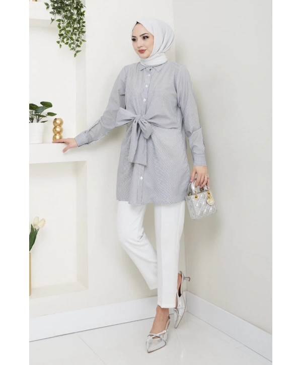 Çizgili Poplin Bağlamalı Gömlek - Gri / Ü103