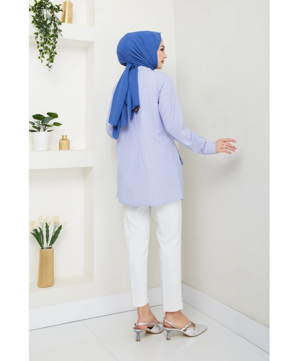 Çizgili Poplin Bağlamalı Gömlek - Mavi / Ü103