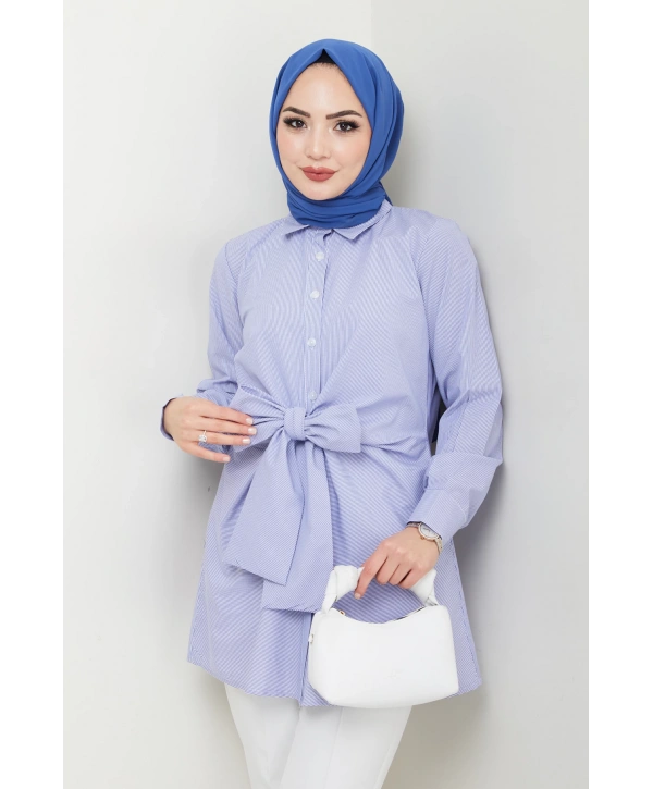 Çizgili Poplin Bağlamalı Gömlek - Mavi / Ü103