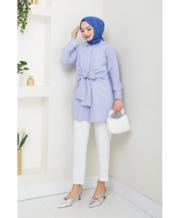 Çizgili Poplin Bağlamalı Gömlek - Mavi / Ü103