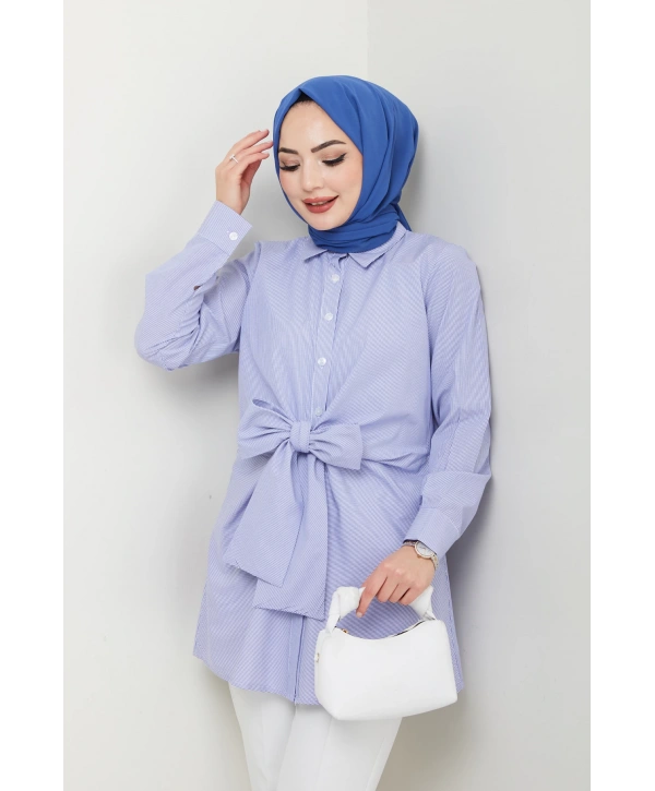 Çizgili Poplin Bağlamalı Gömlek - Mavi / Ü103