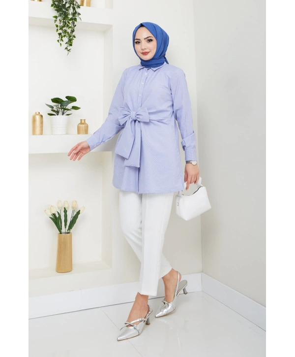 Çizgili Poplin Bağlamalı Gömlek - Mavi / Ü103