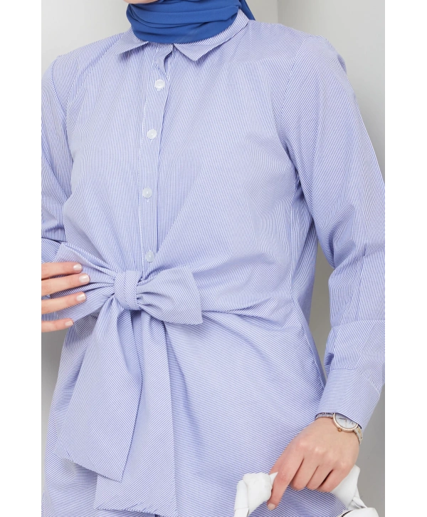 Çizgili Poplin Bağlamalı Gömlek - Mavi / Ü103