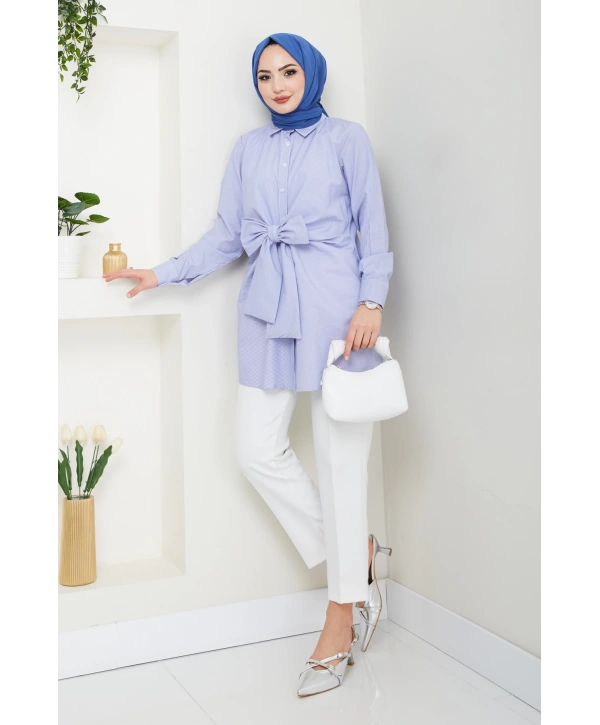 Çizgili Poplin Bağlamalı Gömlek - Mavi / Ü103