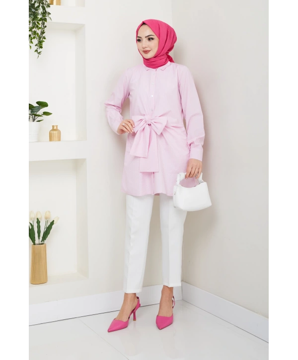 Çizgili Poplin Bağlamalı Gömlek - Pudra / Ü103