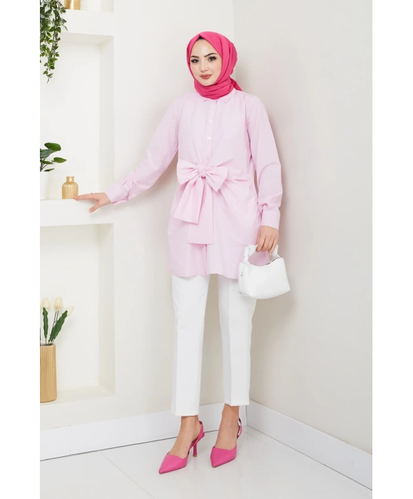 Çizgili Poplin Bağlamalı Gömlek - Pudra / Ü103