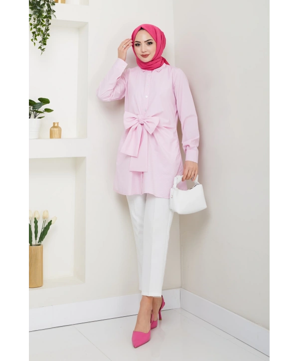 Çizgili Poplin Bağlamalı Gömlek - Pudra / Ü103