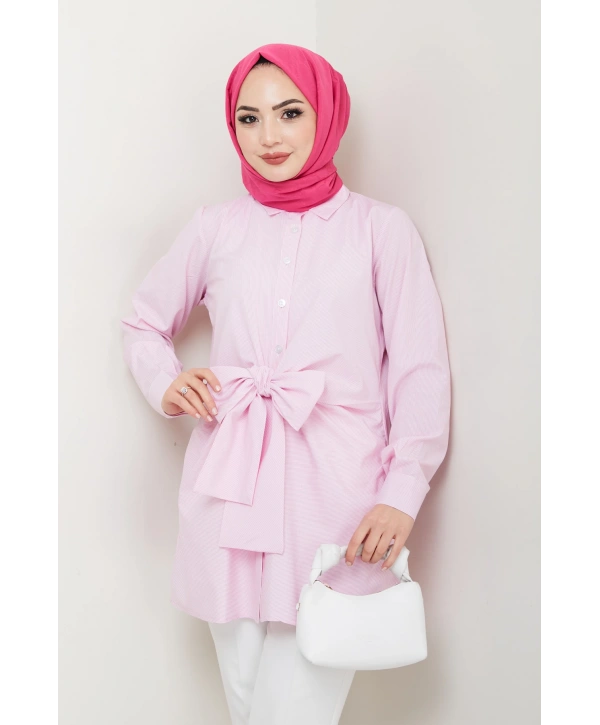 Çizgili Poplin Bağlamalı Gömlek - Pudra / Ü103