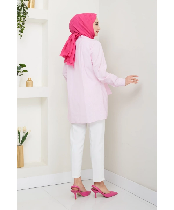 Çizgili Poplin Bağlamalı Gömlek - Pudra / Ü103