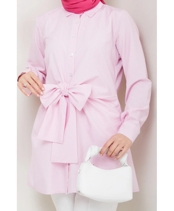 Çizgili Poplin Bağlamalı Gömlek - Pudra / Ü103