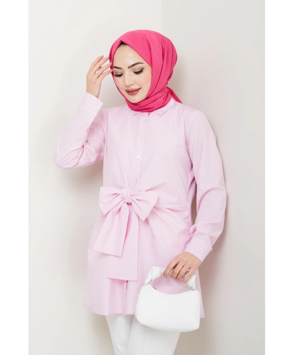 Çizgili Poplin Bağlamalı Gömlek - Pudra / Ü103