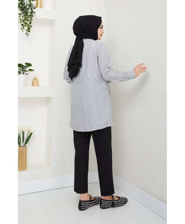 Çizgili Poplin Bağlamalı Gömlek - Siyah / Ü103