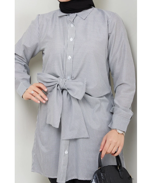 Çizgili Poplin Bağlamalı Gömlek - Siyah / Ü103