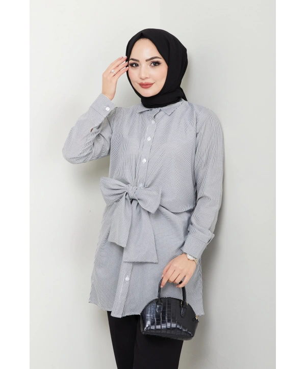 Çizgili Poplin Bağlamalı Gömlek - Siyah / Ü103