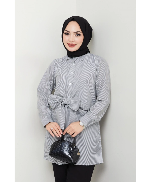 Çizgili Poplin Bağlamalı Gömlek - Siyah / Ü103