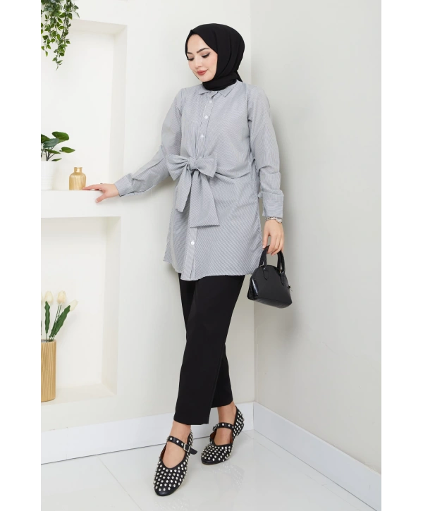 Çizgili Poplin Bağlamalı Gömlek - Siyah / Ü103