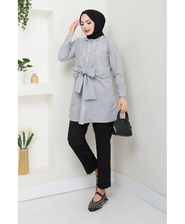 Çizgili Poplin Bağlamalı Gömlek - Siyah / Ü103