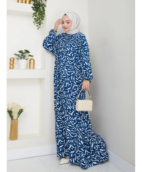 Büzgü Detaylı Rahat Kesim Anne Elbisesi - Mavi / E0131