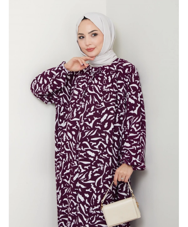 Büzgü Detaylı Rahat Kesim Anne Elbisesi - Mor / E0131