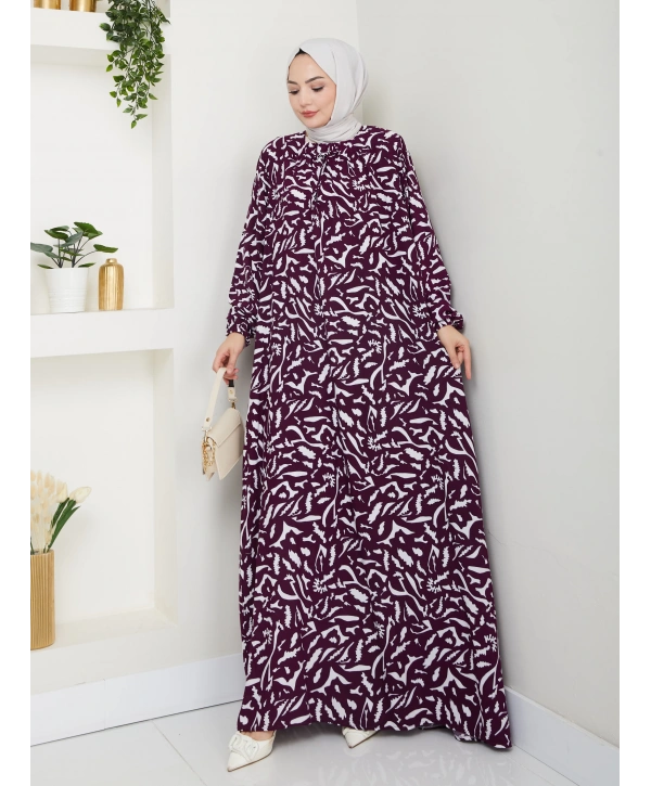 Büzgü Detaylı Rahat Kesim Anne Elbisesi - Mor / E0131