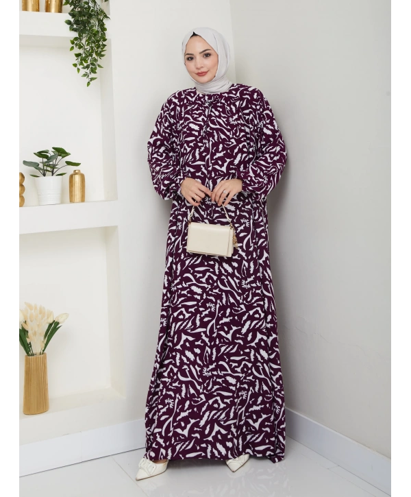 Büzgü Detaylı Rahat Kesim Anne Elbisesi - Mor / E0131