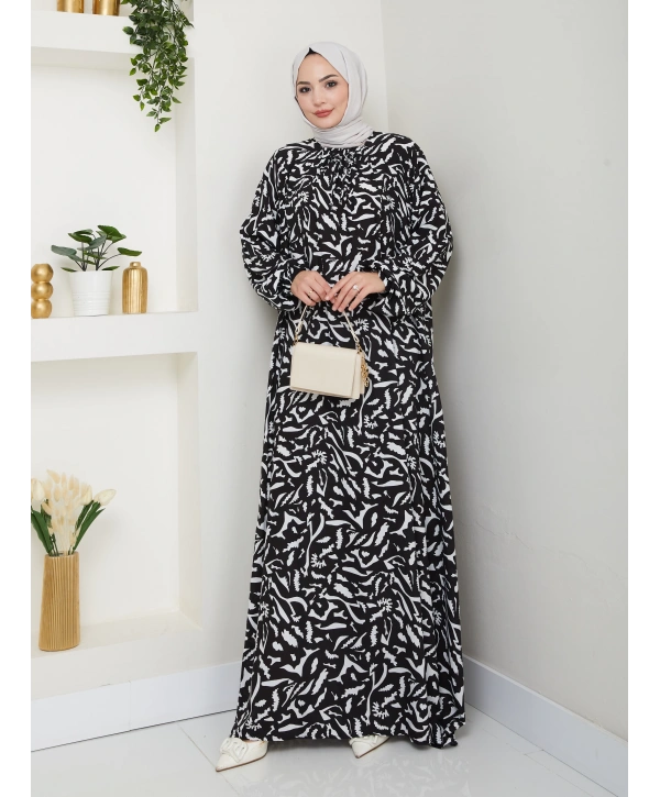 Büzgü Detaylı Rahat Kesim Anne Elbisesi - Siyah / E0131