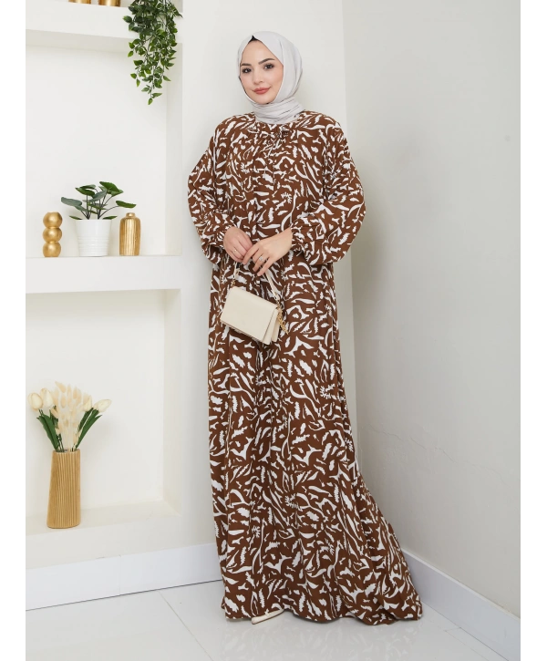 Büzgü Detaylı Rahat Kesim Anne Elbisesi - Taba / E0131