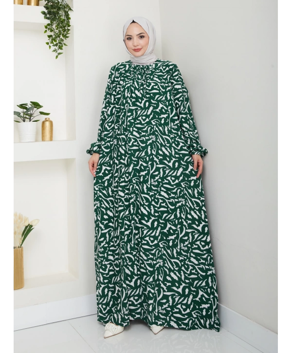 Büzgü Detaylı Rahat Kesim Anne Elbisesi - Yeşil / E0131