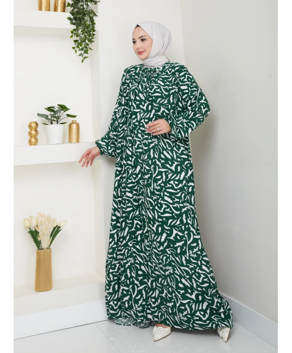 Büzgü Detaylı Rahat Kesim Anne Elbisesi - Yeşil / E0131