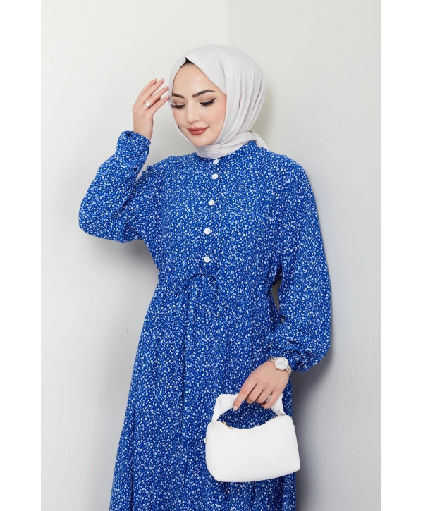 Düğme Detaylı Çiçekli Viskon Elbise - Mavi / E0123