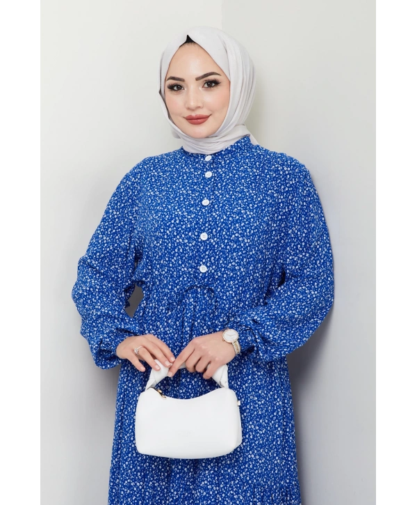 Düğme Detaylı Çiçekli Viskon Elbise - Mavi / E0123