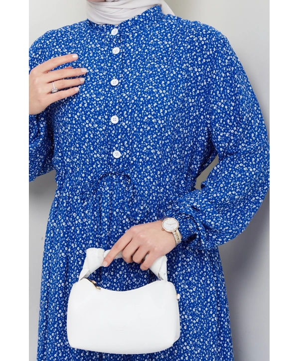 Düğme Detaylı Çiçekli Viskon Elbise - Mavi / E0123