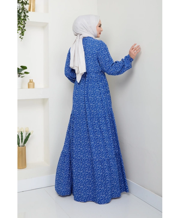Düğme Detaylı Çiçekli Viskon Elbise - Mavi / E0123