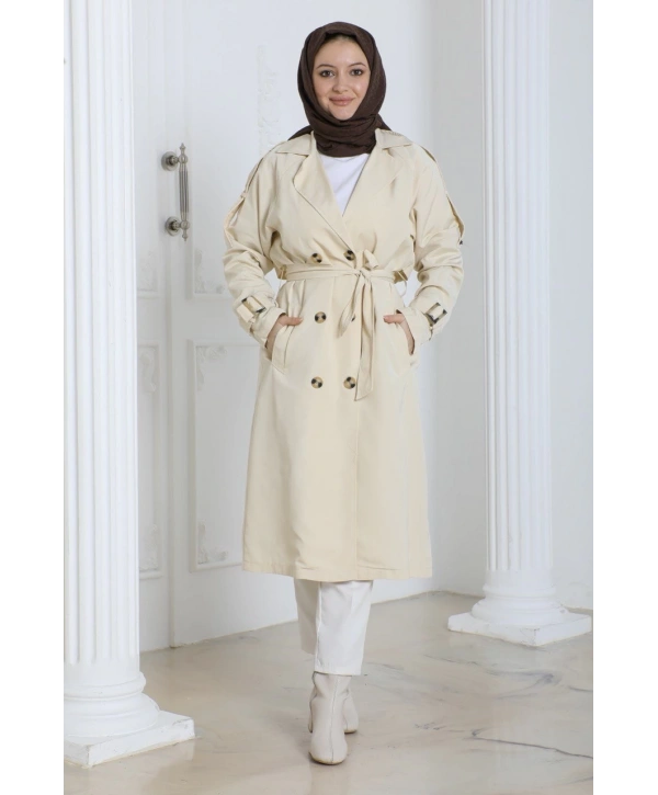 Kadın Trençkot Kuşaklı / M0109 - Krem
