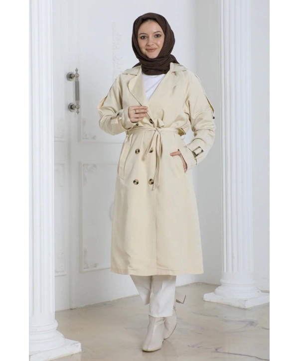 Kadın Trençkot Kuşaklı / M0109 - Krem
