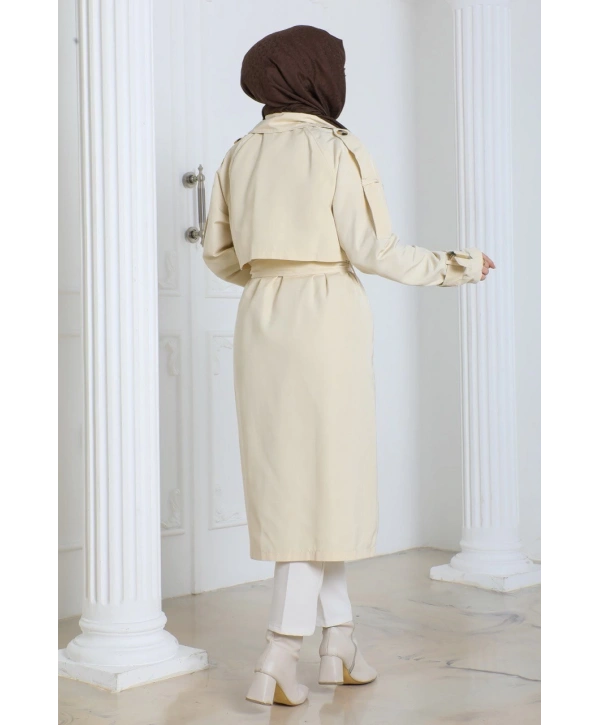 Kadın Trençkot Kuşaklı / M0109 - Krem